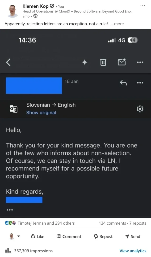 LinkedIn post by Klemen Kop, Cloud9, with 367,309 impressions